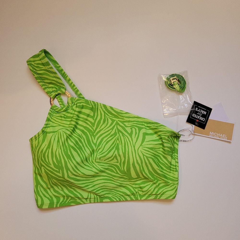 MICHAEL Michael Kors Zebra Print One-Shoulder Bikini Top Color Green Size XS